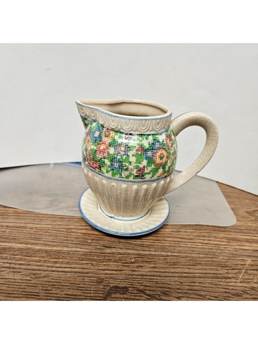 Vintage 30s Petit-point Floral Creamer with Attached Base